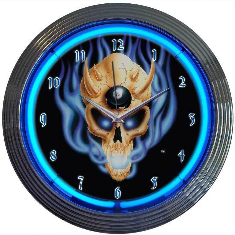 8 Ball Skull Neon Clock