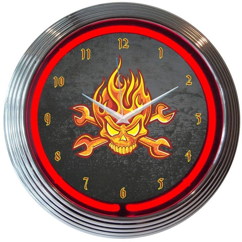 Mechanic Fire Skull And Wrenches Neon Clock