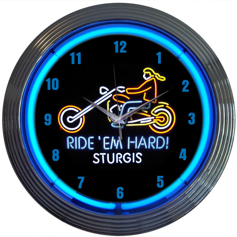 Motorcycle Ride Em Hard Sturgis Neon Clock