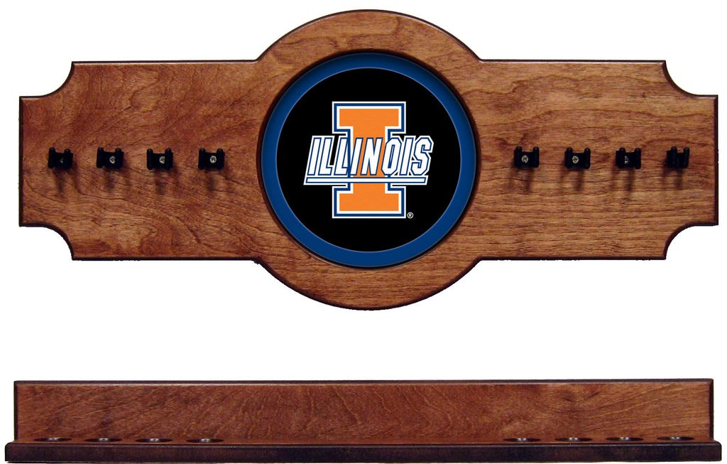 NCAA Illinois Fighting Illini 2 pc Hanging Wall Pool Cue Stick Holder Rack Pecan