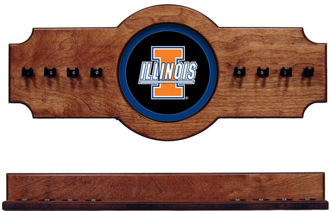 NCAA Illinois Fighting Illini 2 pc Hanging Wall Pool Cue Stick Holder Rack Pecan