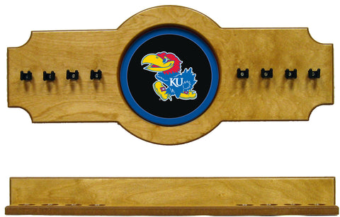 NCAA Kansas Jayhawks 2 pc Hanging Wall Pool Cue Stick Holder Rack - Oak