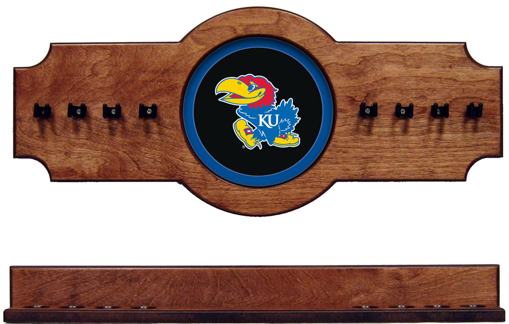 NCAA Kansas Jayhawks 2 pc Hanging Wall Pool Cue Stick Holder Rack - Pecan