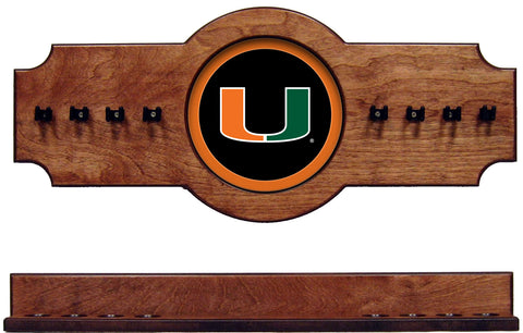 NCAA Miami Hurricanes 2 pc Hanging Wall Pool Cue Stick Holder Rack - Pecan