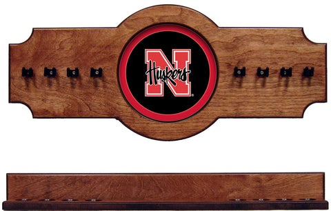 NCAA Nebraska Cornhuskers 2 pc Hanging Wall Pool Cue Stick Holder Rack - Pecan