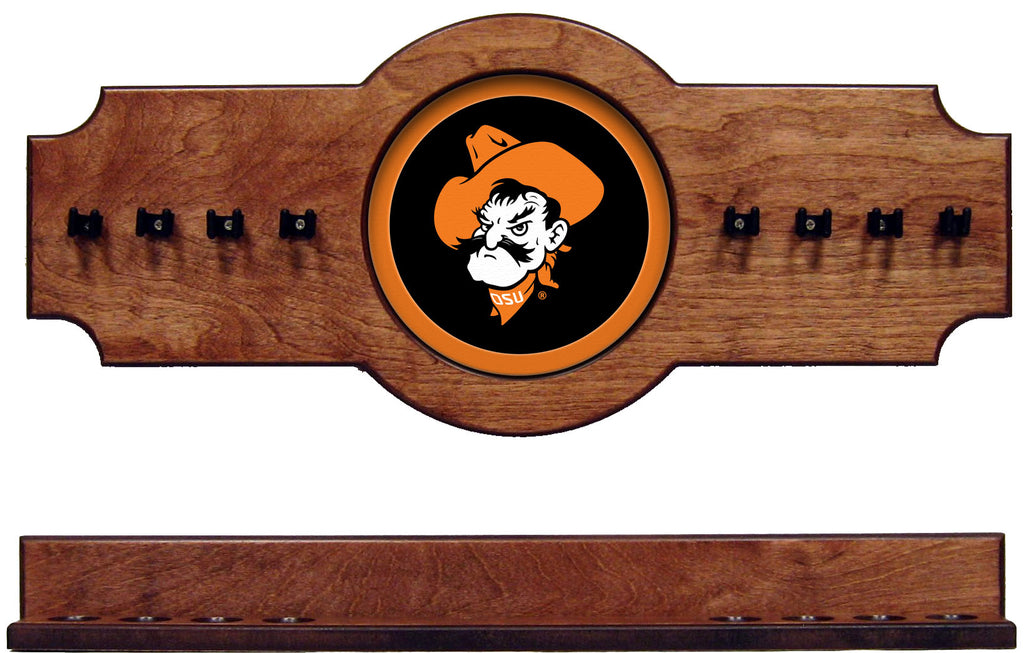 NCAA Oklahoma State Cowboys 2 pc Hanging Wall Pool Cue Stick Holder Rack - Pecan