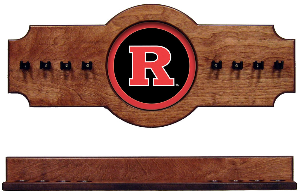 NCAA Rutgers Scarlett Knights 2 pc Hanging Wall Pool Cue Stick Holder Rack Pecan