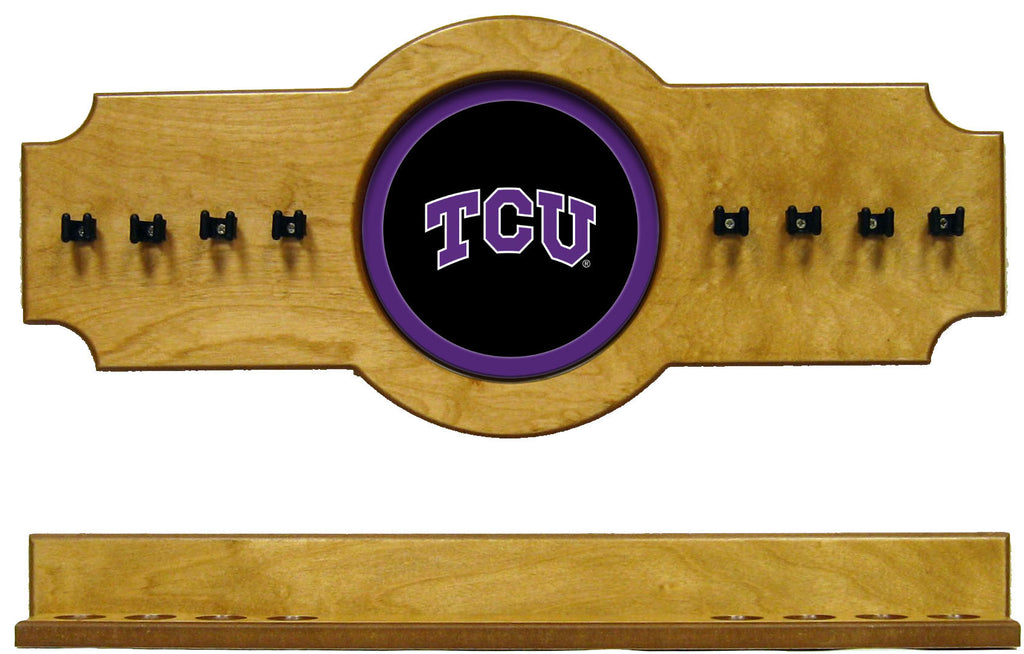 NCAA TCU 2 pc Hanging Wall Pool Cue Stick Holder Rack - Oak