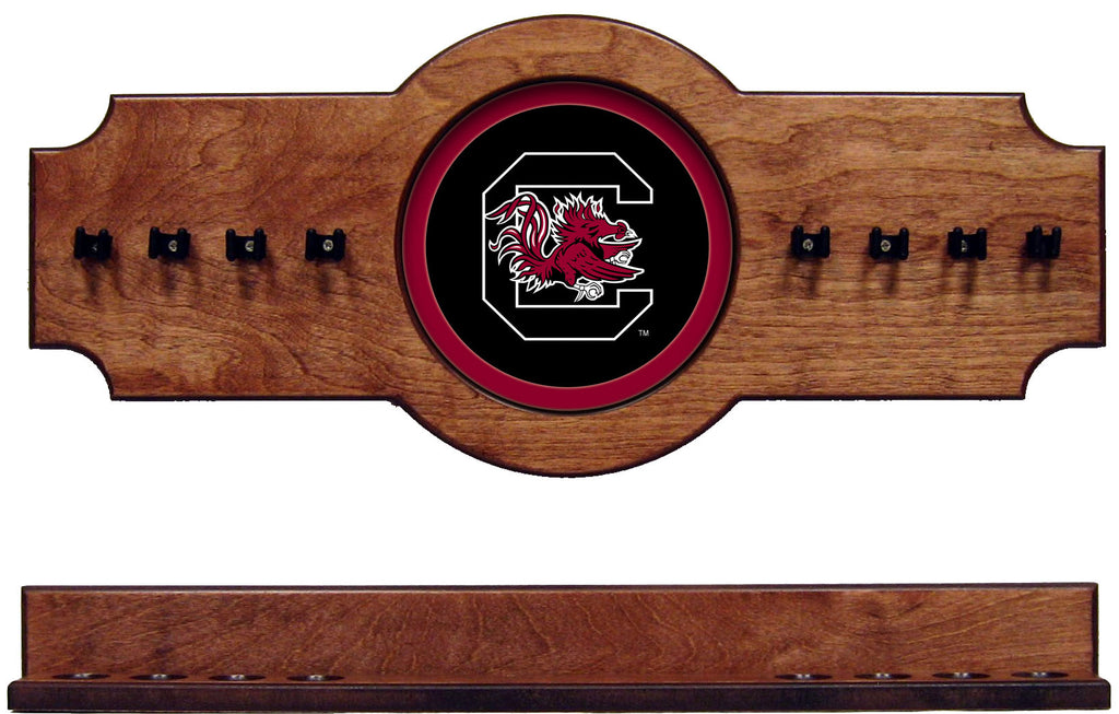 NCAA South Carolina Gamecocks 2 pc Hanging Wall Pool Cue Stick Holder Rack Pecan