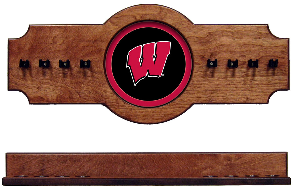 NCAA Wisconsin Badgers 2 pc Hanging Wall Pool Cue Stick Holder Rack - Pecan